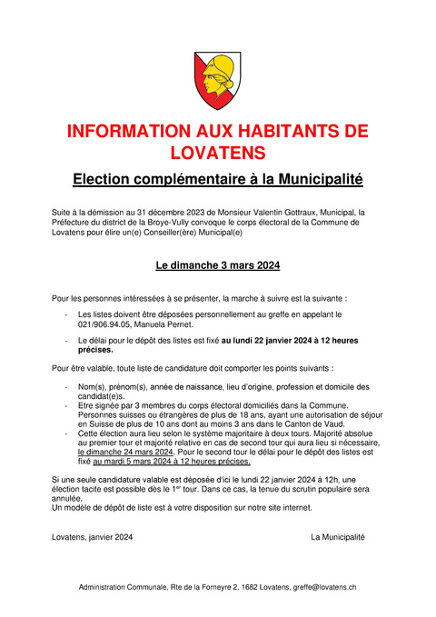 Election complémentaire à la Municipalité