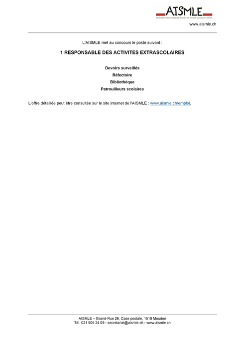 Annonce restreinte Responsable des activités extrascolaires Annonce restreinte Responsable des activités extrascolaires