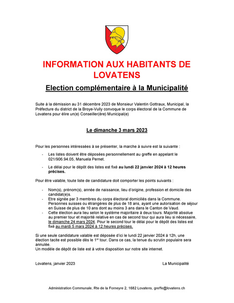 Election complémentaire à la municipalité