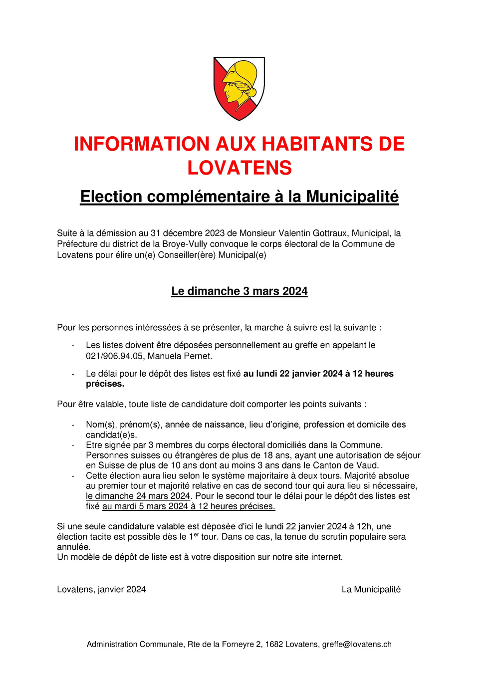 Election complémentaire à la Municipalité