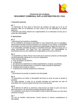 Eau (règlement) Règlement sur la distribution de l'eau