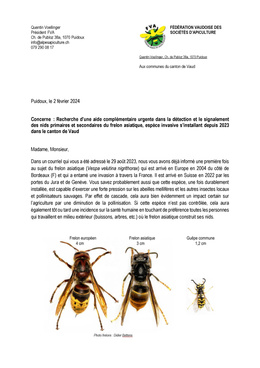 FVA - 240202 - Frelon asiatique - Lettre aux communes Lettre aux communes
